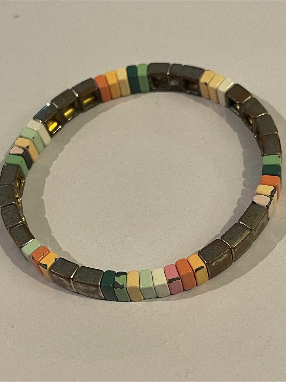 Roxanne Assoulin Multi-Color Tile Stretch Bracelet - Green and Gold